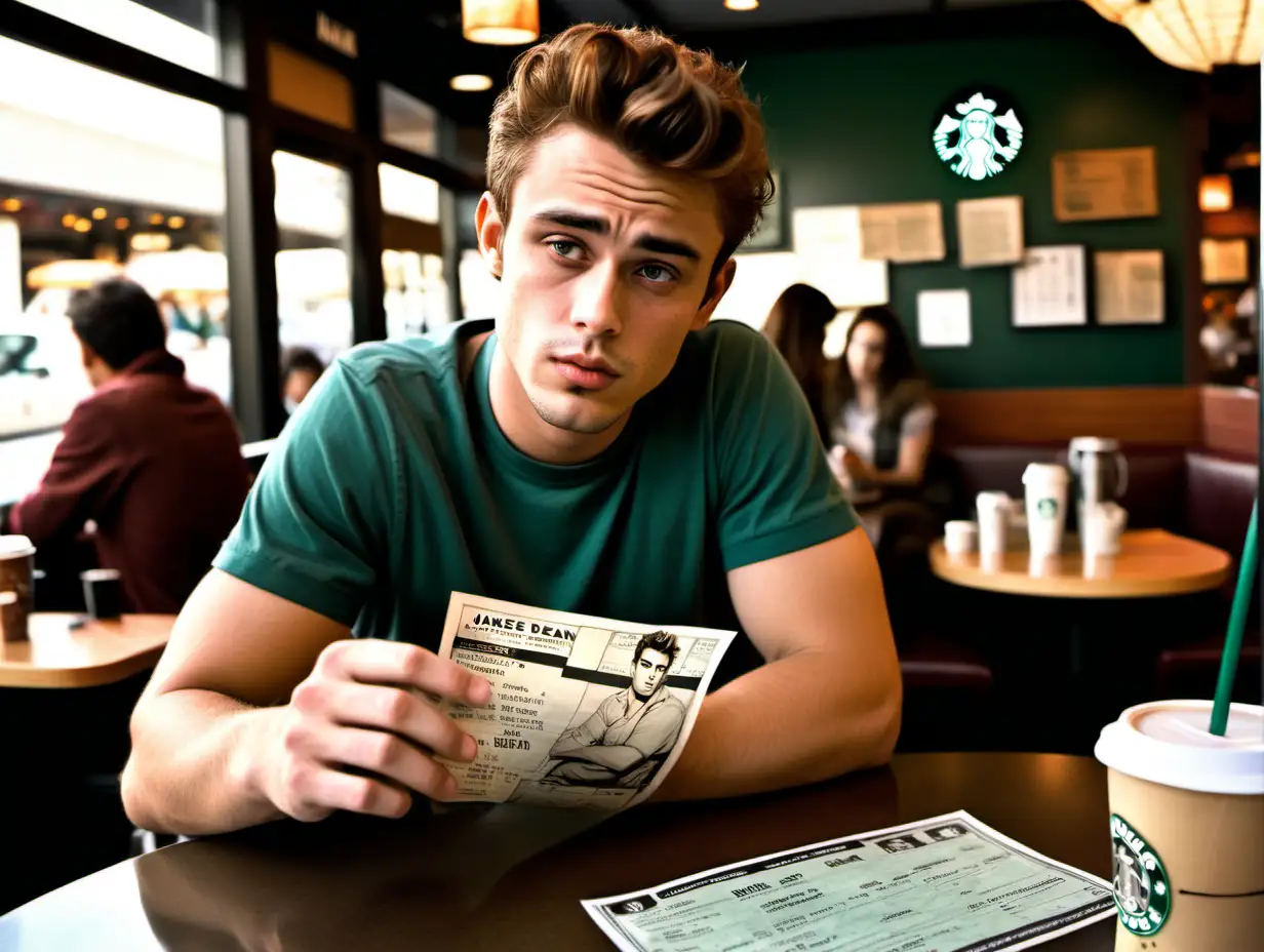 a 30-year-old handsome man with brown hair who looks like James Dean is sitting behind a large table in starbucks. On the table is a menu, a crumpled bus ticket and other things. Several people are sitting at the table.