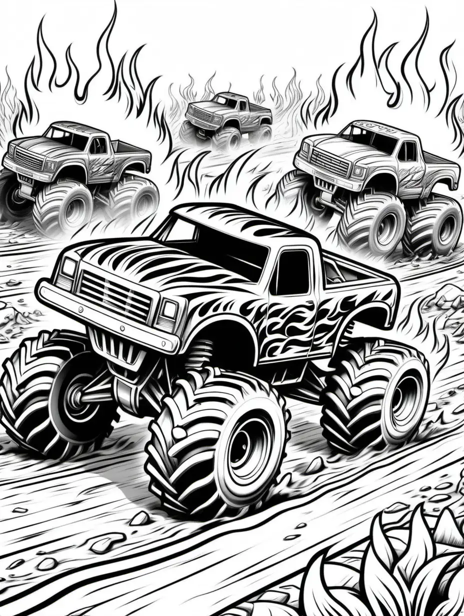 coloring pages for kids, 4 large monster trucks with painted flames in a race muddy road fire in background, cartoon style, thick lines, low detail, black and white, no color
 --ar 85:110