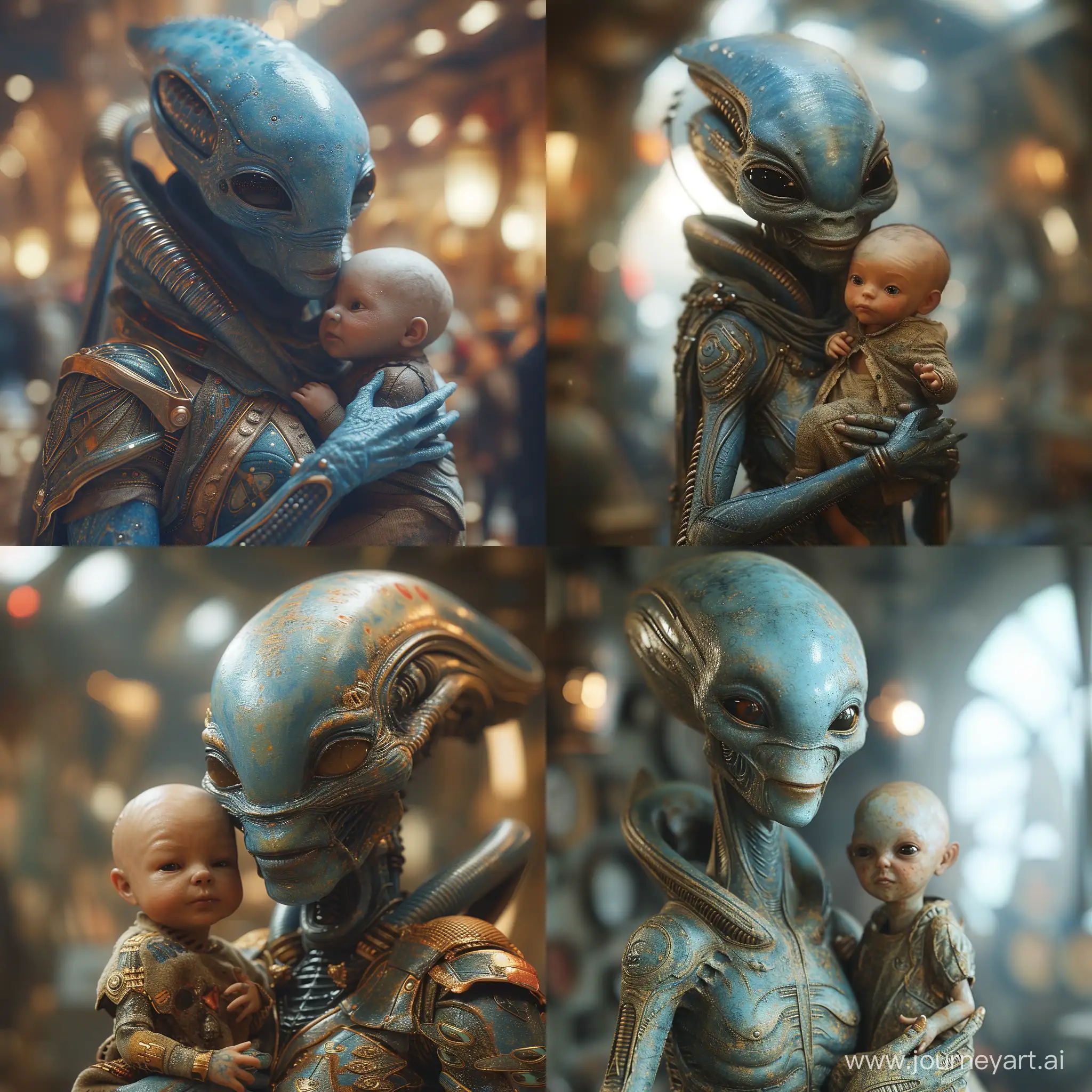 realistic portrait of a blue alien carrying a little human baby with love in space room with fog deph of field hyper realistic --stylize 750 --v 6