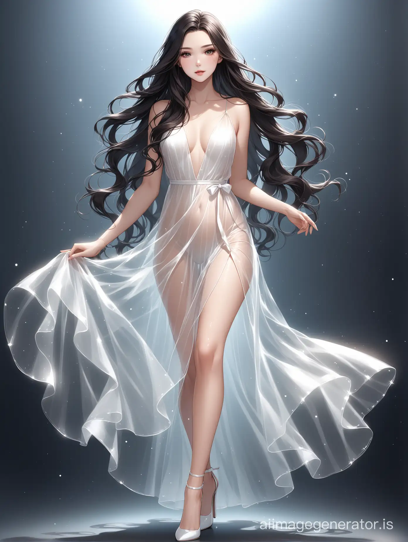 beautiful woman, dark long wavy and loose hair, wearing a transparent white dress, in high-heeled shoes