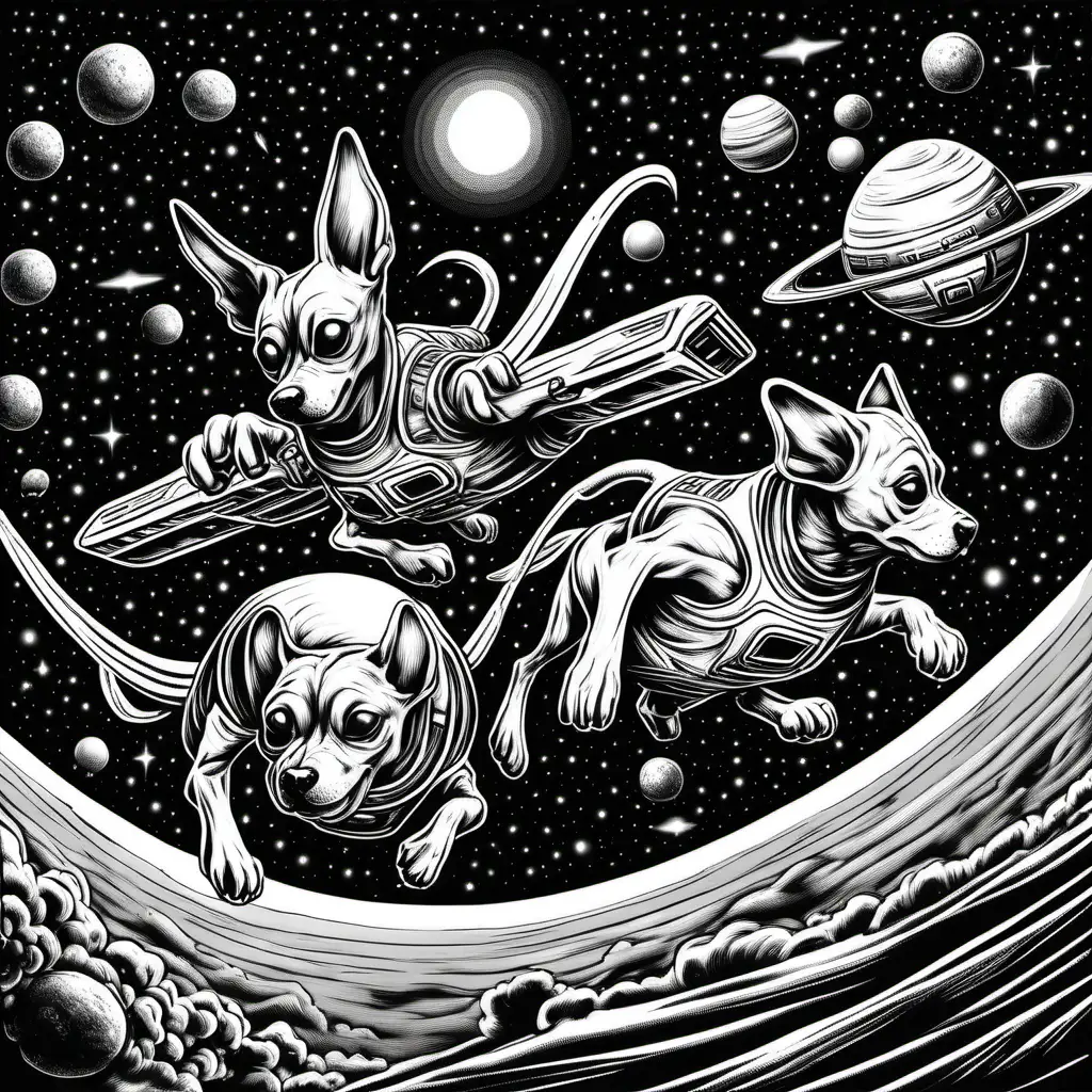 Otherworldly Canines Soaring Amidst Cosmic Darkness