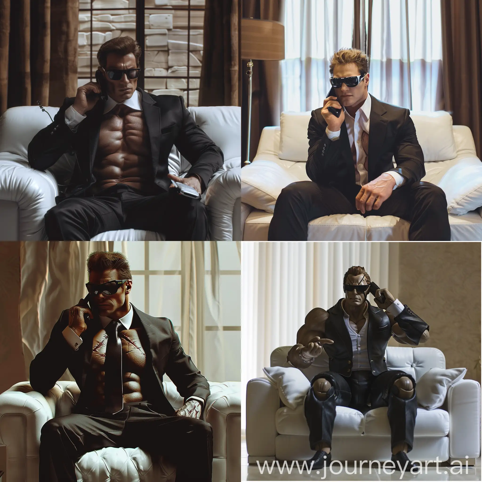 pumped-up strong fit patrick bateman with big cheekbones and pumped-up abs in a suit is sitting on a white leather sofa with sunglasses and talking on the phone