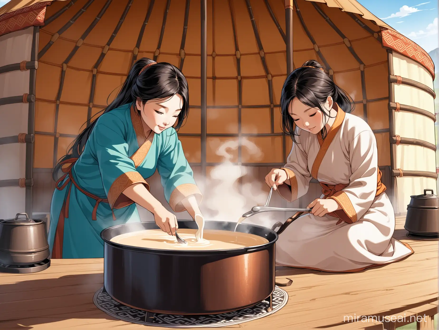 提示词：蒙古包前，一位蒙古阿妈正在用大铁锅，煮着香气蒸腾的奶茶