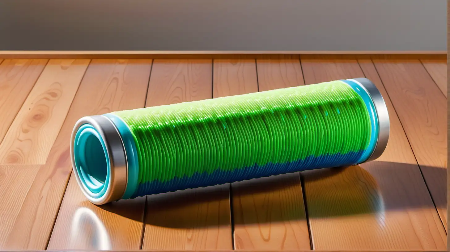 A photo of a green, cylindrical object with pool noodle-like features on a wooden surface. It weird blue fins and making it abstract. The object has a silver circular detail similar the a battery positive side. It appears to be a creative, artistic rendition of a using a can-like structure.