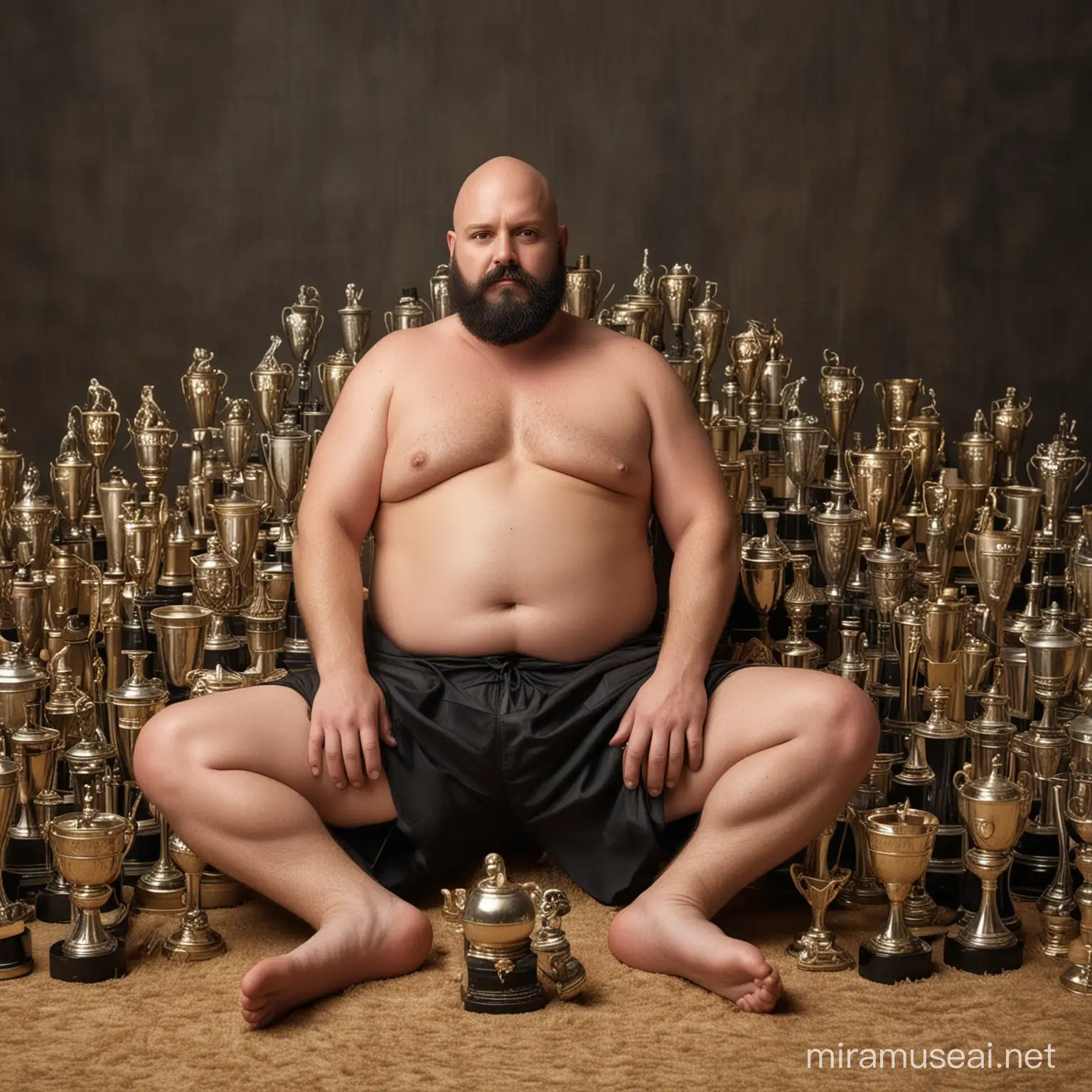 A coroulent bald man with a black beard lies between 100 trophies