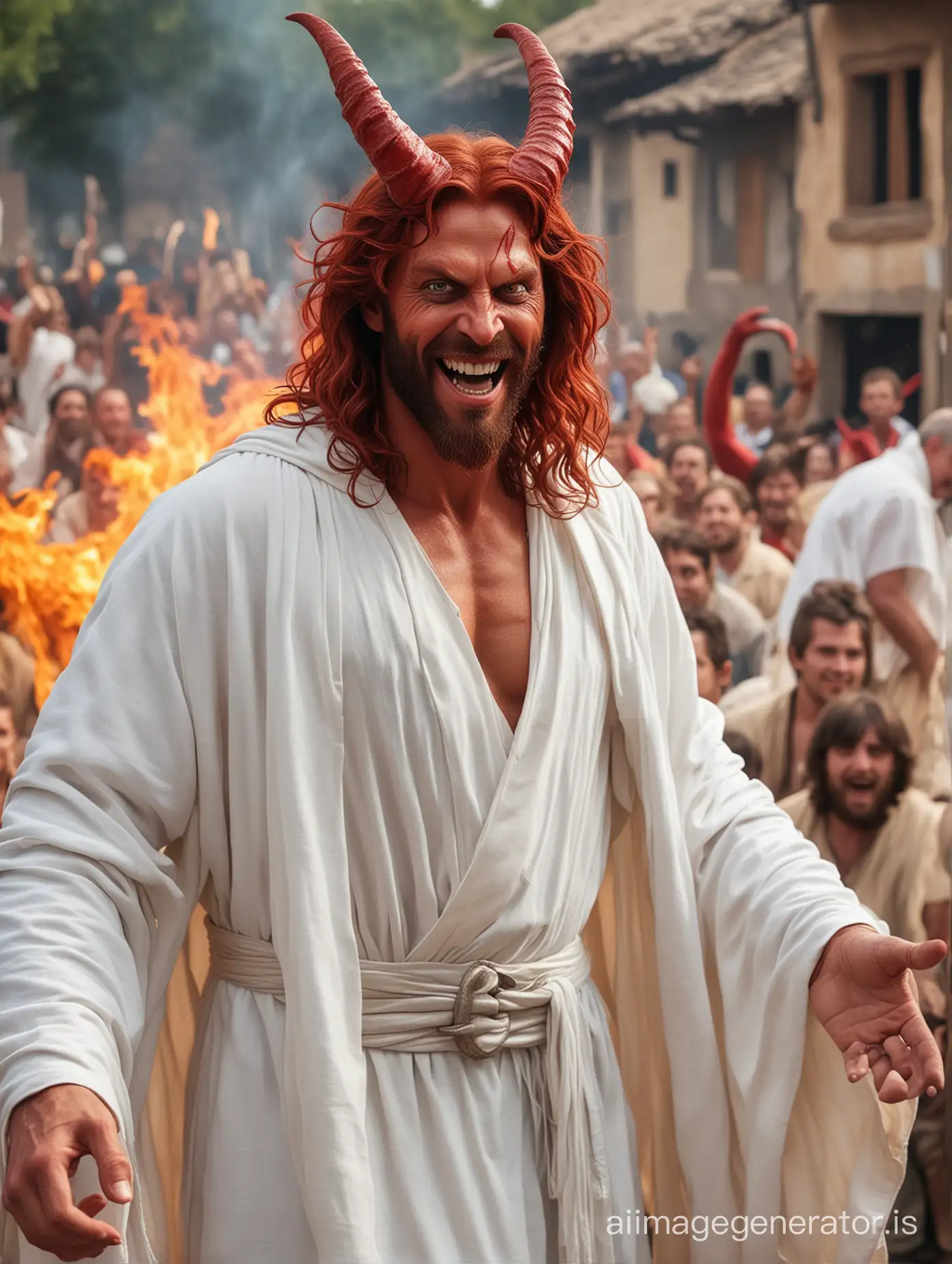 The image of satan impersonating Jesus with fiery red skin, pointed horns, wearing a white robe, sinister smile standing in the crowd, hyper realistic in the village,