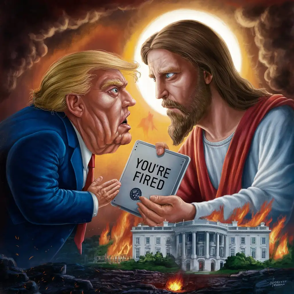 Jesus telling Trump he's an idiot printed words "YOU'RE FIRED"