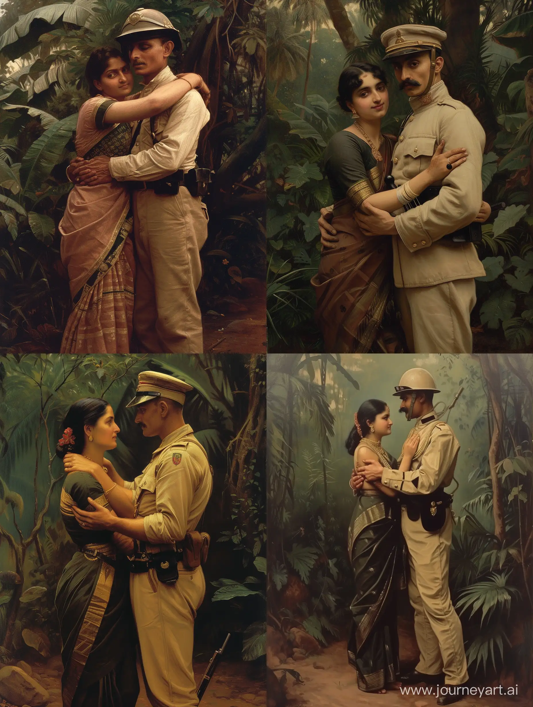 A Tamil Indian Woman in a Saree embracing a tall white British soldier wearing a khaki 1890s era uniform and a pith helmet.  painted by jean-leon gerome. jungle background. 