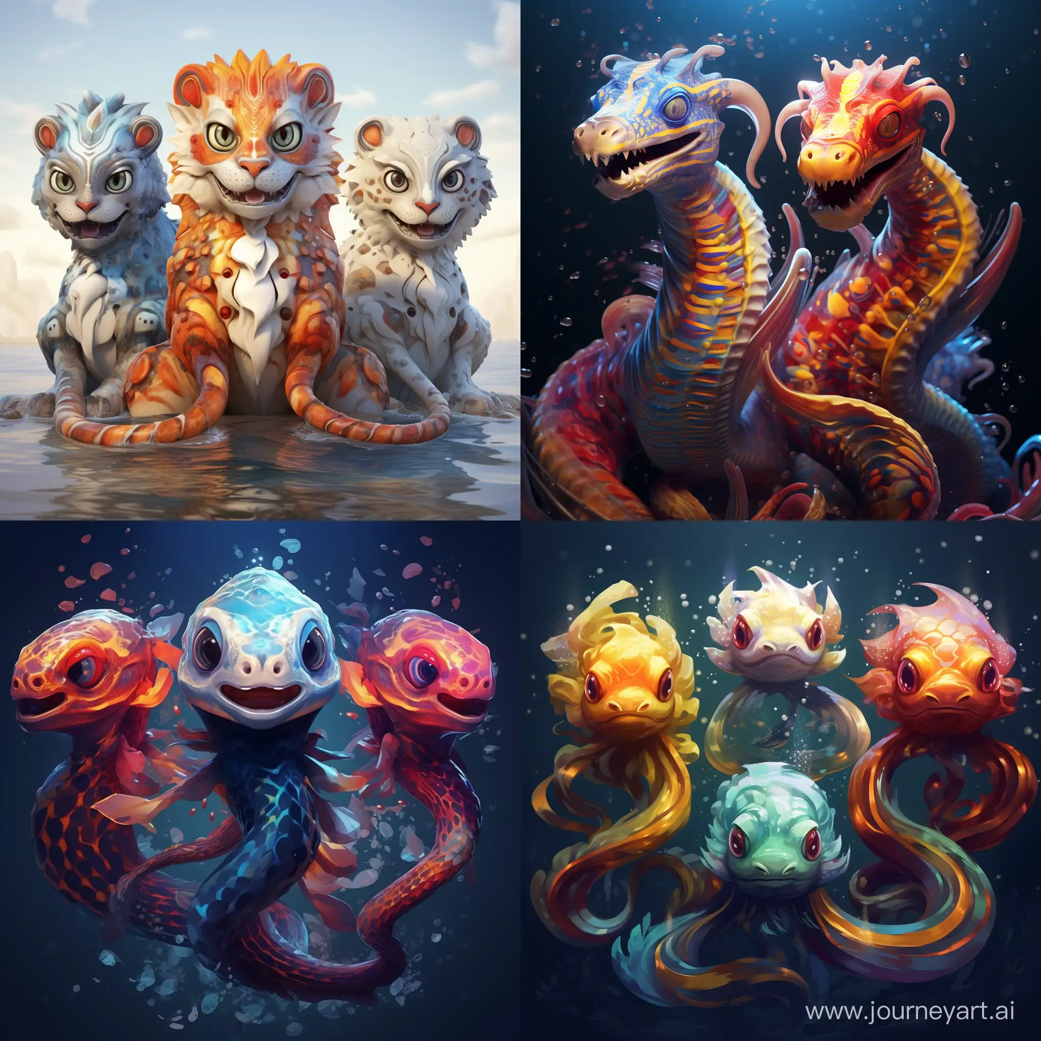 the three evolutions of the pokemon called Cee, with its evolutions CeePlusPLus and Python. It is a water-fire hybrid type. As photorealistic as possible