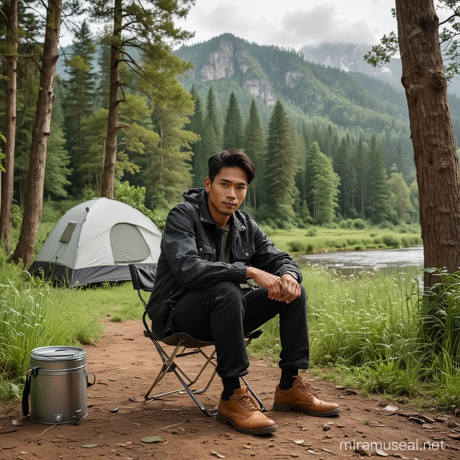 This handsome Indonesian man neat hair has a clean face, wearing a black trucker jacket, black pants and brown shoes. Sit on a portable folding chair in front of the tent. Next to him was a cup of hot coffe and a thermos of hot water placed on a portable folding table. It is located on the banks of the American River and the surrounding grass is very green and fresh, with a backdrop of high forested mountains in. White clouds in the sky, minimal light. Ultra HD, original photo, high detail, ultra sharp, 18mm lens, realistic, photography, Leica camera.