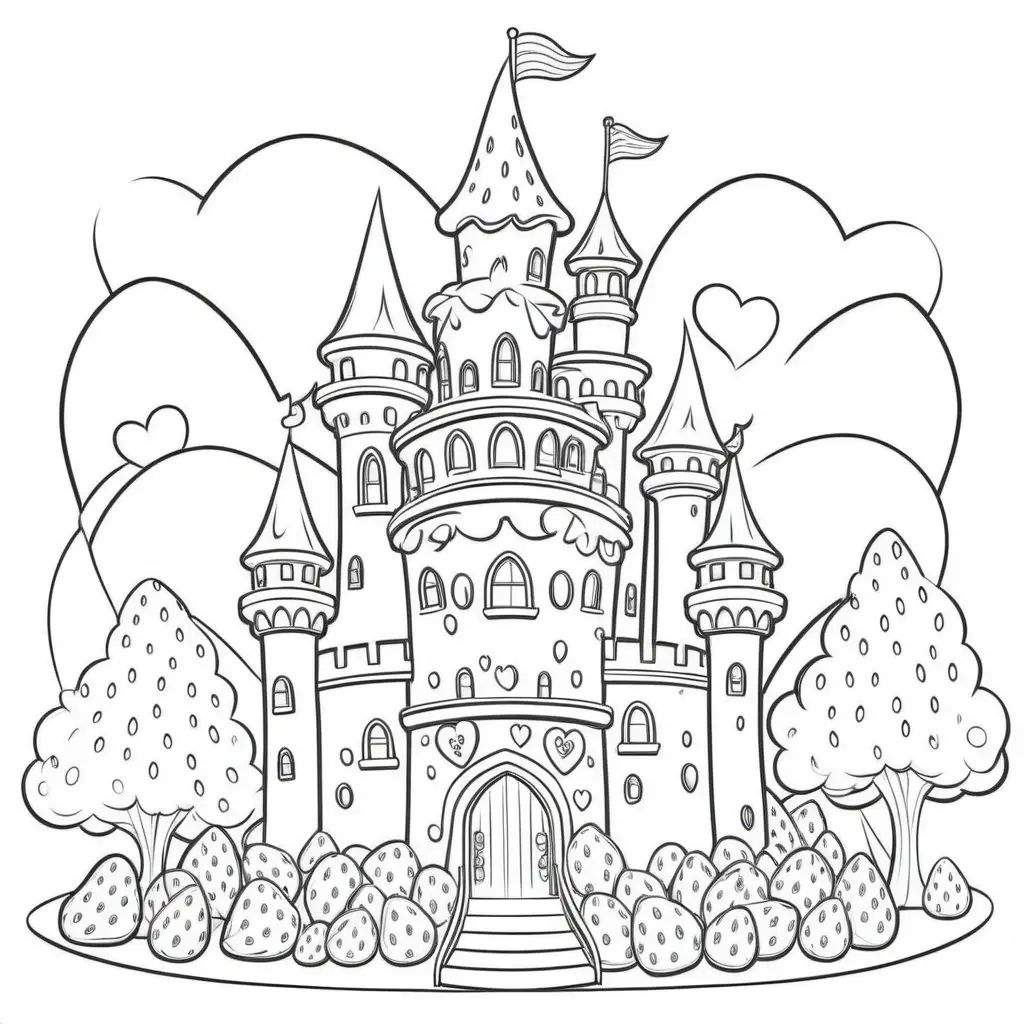 very colorful ,strawberry shortcake castle
coloring page, valentine theme, cartoon style, very white background, no shades