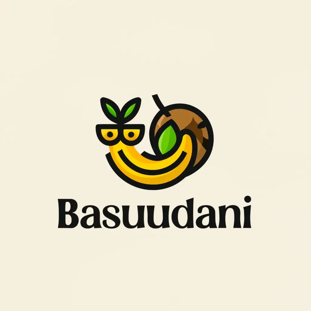 a logo design,with the text "Basudani", main symbol:A stylized, modern interpretation of a cornucopia, with Banana and Coconut spilling out, could represent the bountiful harvest. Incorporating a tree with broad, spreading branches and deep roots could symbolize life, growth, and connection to the earth. Create a design using a continuous line that forms a simple yet meaningful representation of Basudani, such as a single stalk of grain bending into a circle or a minimalist landscape with the sun setting over a field.,complex,be used in Events industry,clear background