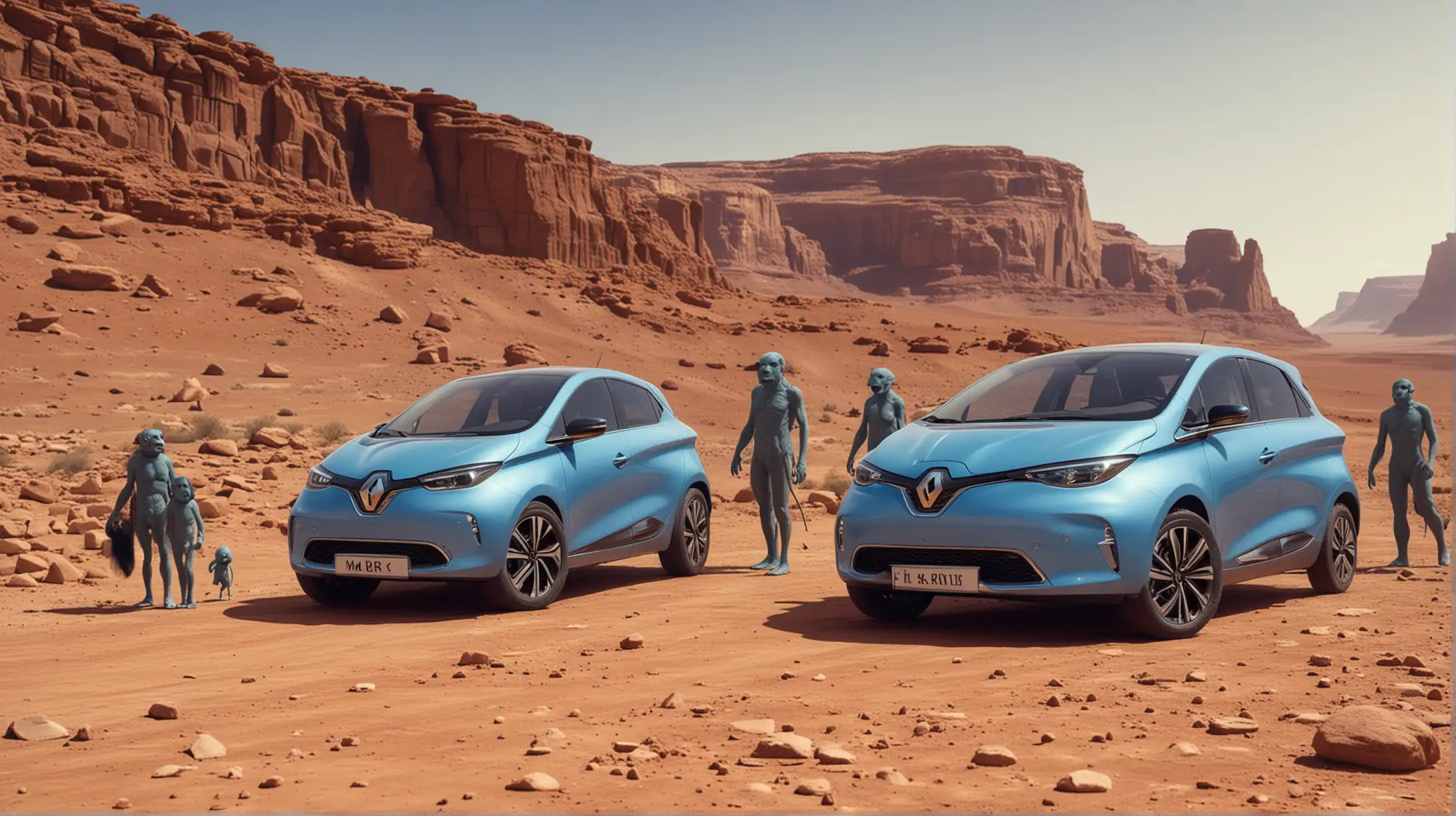 blue renault zoe 2020 on the planet mars and a neanderthal family beside