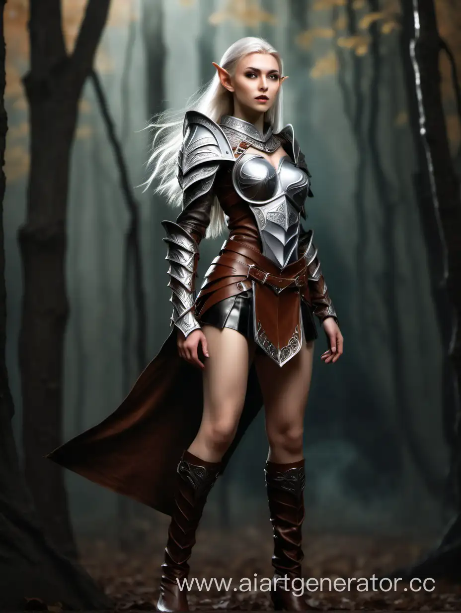 реалистичная, красивая, девушка эльф, в кожанной броне и мини юбке, стоит в красивой позе и демонстрирует свою страсть, в полный рост.