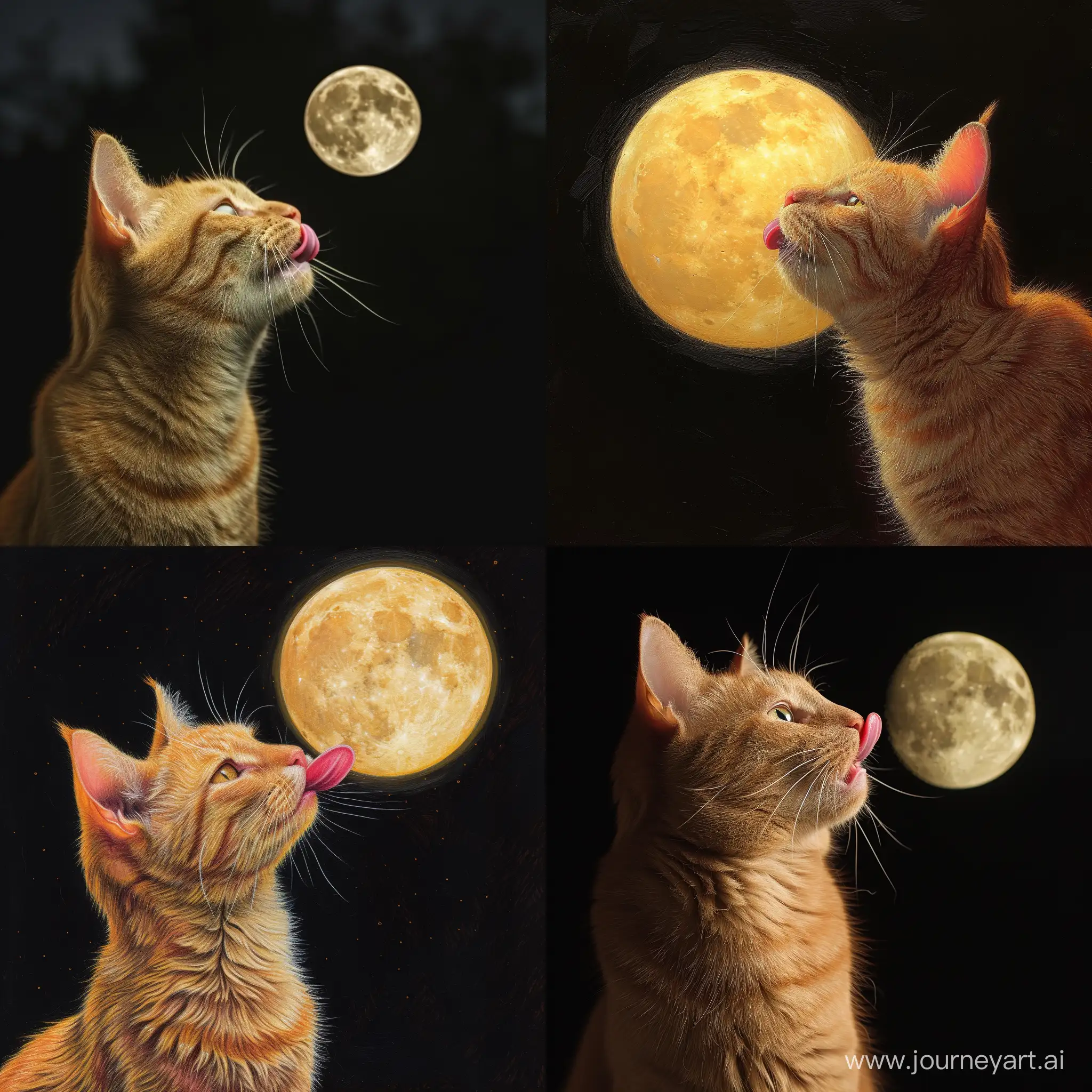 Рыжий кот жмурится, глядя на полную луну и розовый язычок облизывает мордочку. 