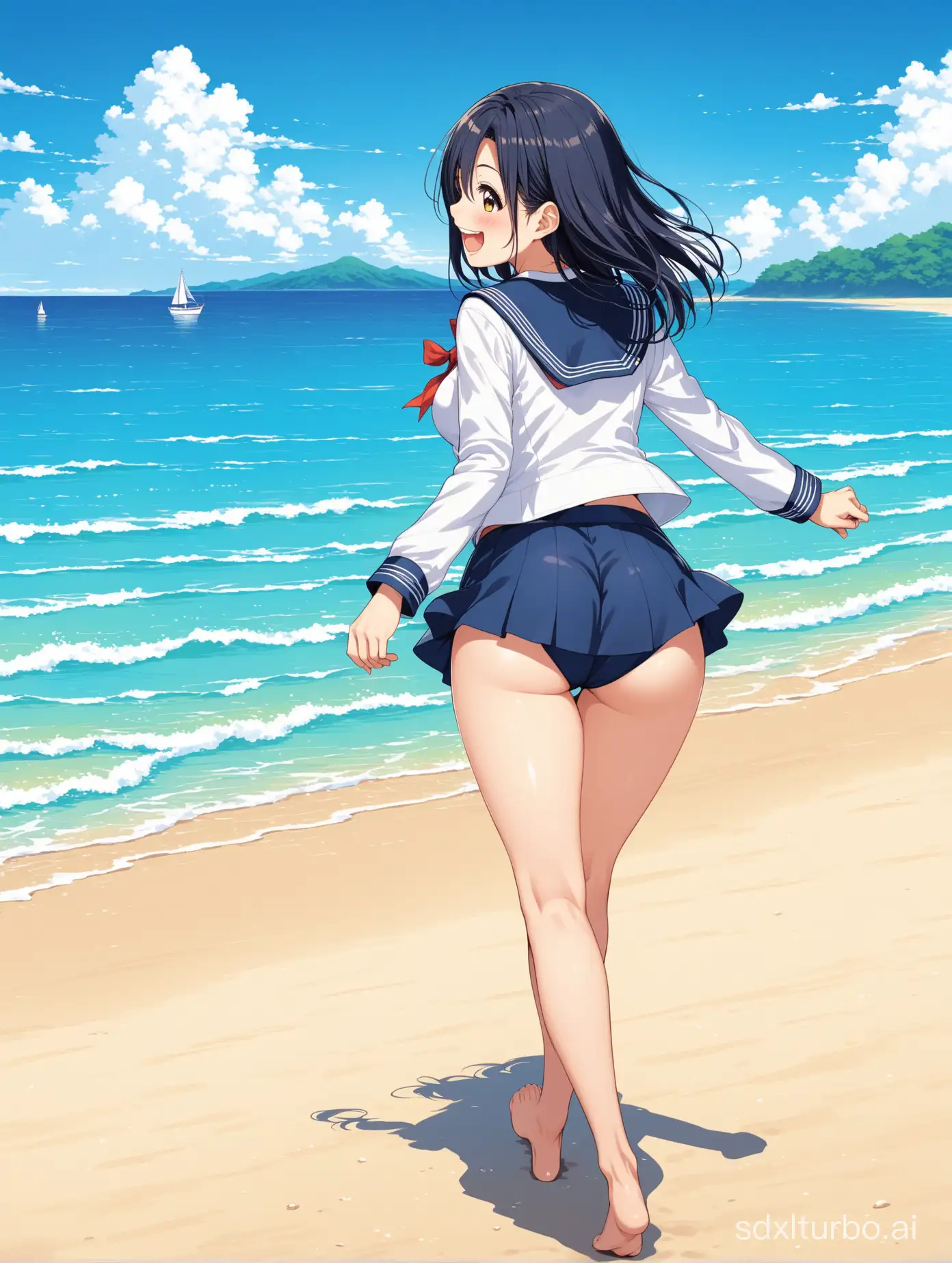 Fujiwara Norika, full body,sailor suit,medium breast,round ass,walking on the beach ,laughing, (from behind )
