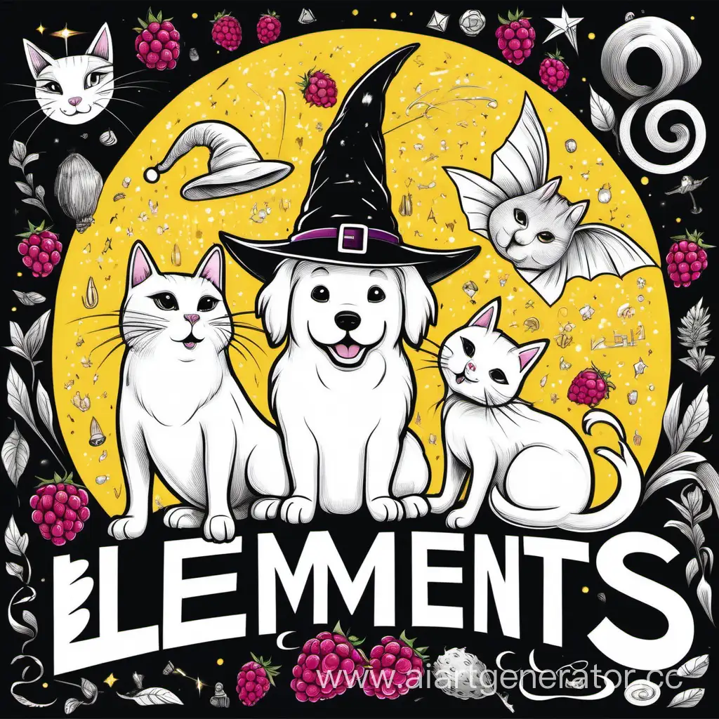 A happy white dog.  Four cats surround the dog: One cat wears a witch’s hat. Two cats are playing. One cat is sitting. The background is dark yellow , with white radiating lines creating a spotlight effect on the central image. In each corner, there are line drawings of a raspberry, dog head, cat face, and paw print as additional decorative elements. The title “EASY COLORING BOOK FOR KIDS” is prominently displayed at the bottom in bold black letters against a white background. In each corner, there are line drawings of a raspberry, unicorn head, cat face, and paw print as additional decorative elements. The title “EASY COLORING BOOK FOR KIDS” is prominently displayed at the bottom in bold black letters against a white background.