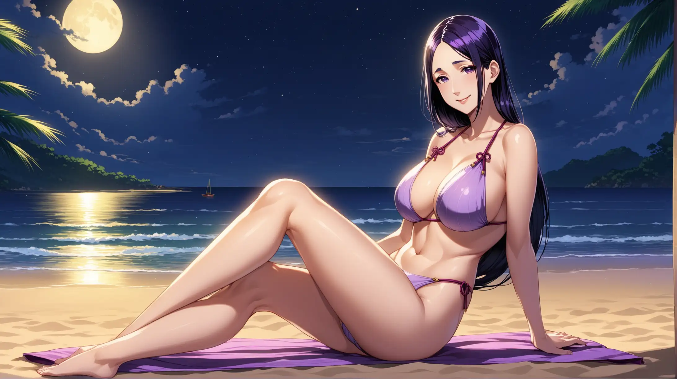 Draw the character Minamoto no Raikou, high quality, sitting in a relaxed pose, alone on the beach, at night, wearing a swimsuit, smiling at the viewer