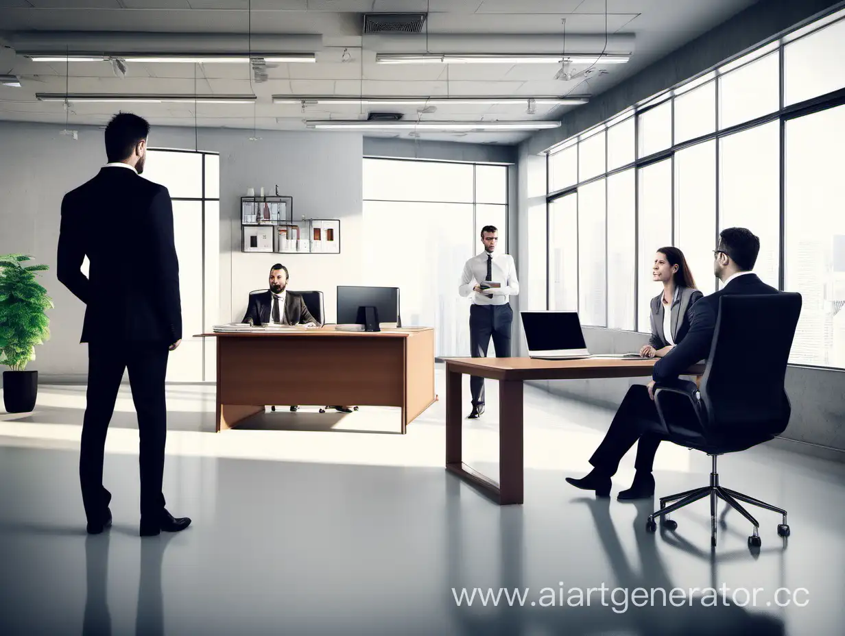 In the background is a large comfortable office, in front HR manager and assistant are interviewing a candidate