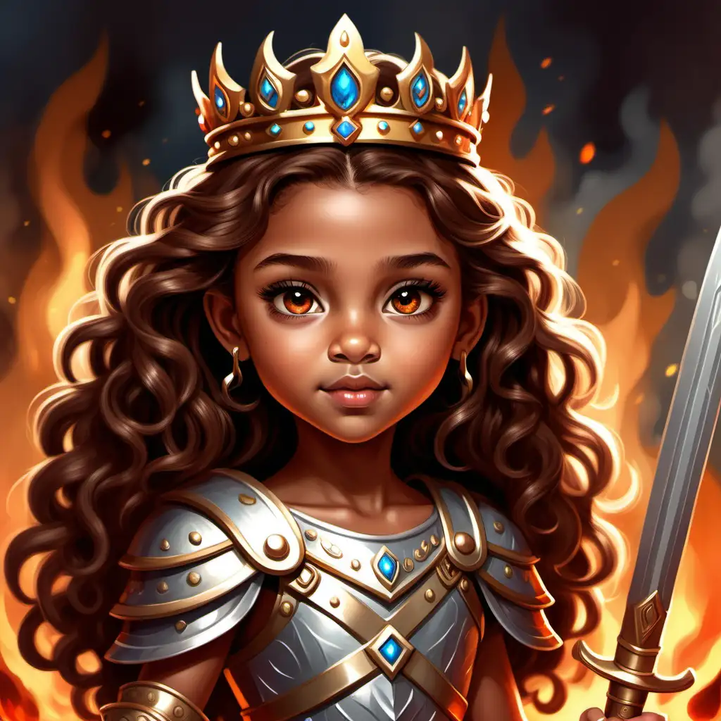  Flat art, children's book, cute, 7 year old girl, tan skin, light hazel eyes, detailed long tight curl brown hair, neutral expression, beautiful, confident, fierce, full coverage warrior clothing with, tiara, fire