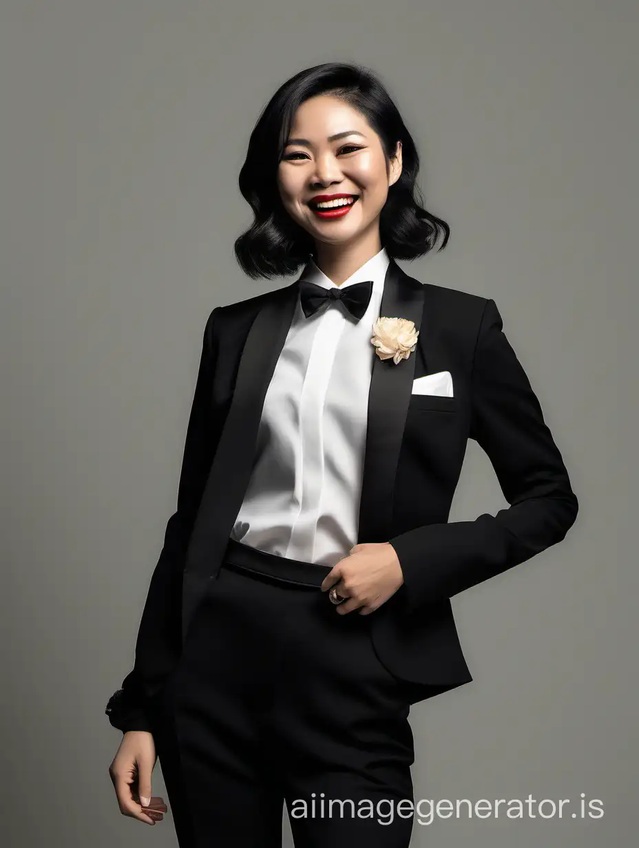 The lighting is dim.  A portrait of a smiling and laughing Vietnamese woman with shoulder-length hair, and lipstick.  She is wearing a tuxedo with a black jacket and black pants.  Her shirt is white with a wing collar.  Her shirt cuffs have cufflinks.  Her bowtie is black.  Her jacket has a corsage.