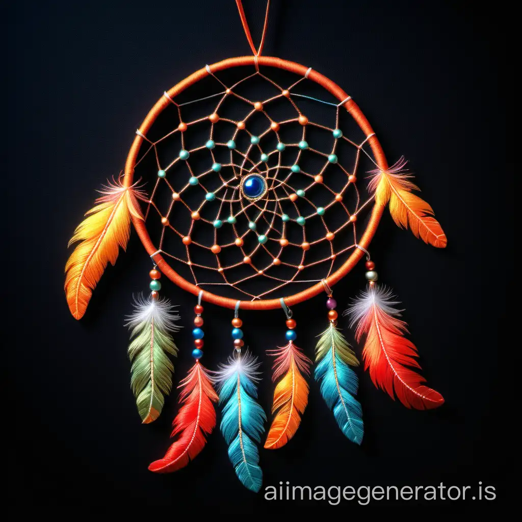 Bright bird feathers in the form of a fairytale amulet, dream catcher embroidery. Bright colors on a black background.
