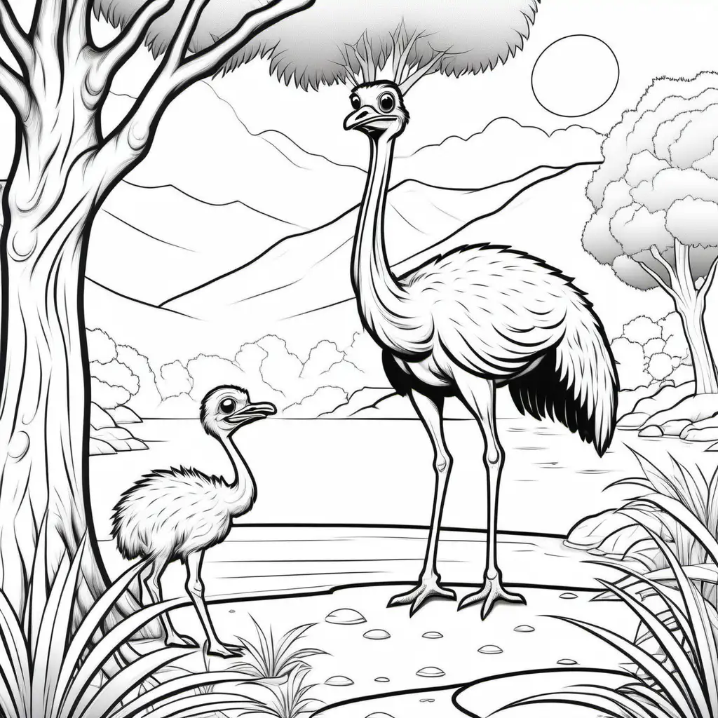 Coloring page for kids, Ostrich eating close to a tree in the Garden of Eden close to a water body, clean line art