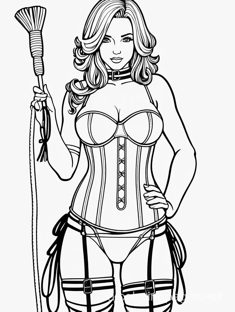 woman in a leather corset, panties, holding a flogger
, Coloring Page, black and white, line art, white background, Simplicity, Ample White Space. The background of the coloring page is plain white to make it easy for young children to color within the lines. The outlines of all the subjects are easy to distinguish, making it simple for kids to color without too much difficulty