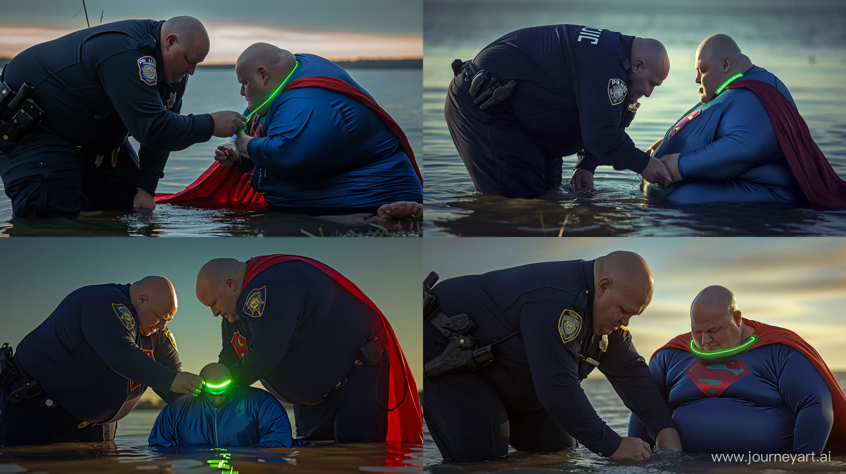 Highly detailed close-up zoomed in portrait photo of two chubby man aged 60 wearing a long-sleeved navy police uniform, bending over and tightening a green glowing small short dog collar on the neck of another chubby man aged 60 sitting in the water and wearing a blue silky superman costume with a large red cape. Outside. Bald. Clean Shaven. --style raw --ar 16:9 --v 6