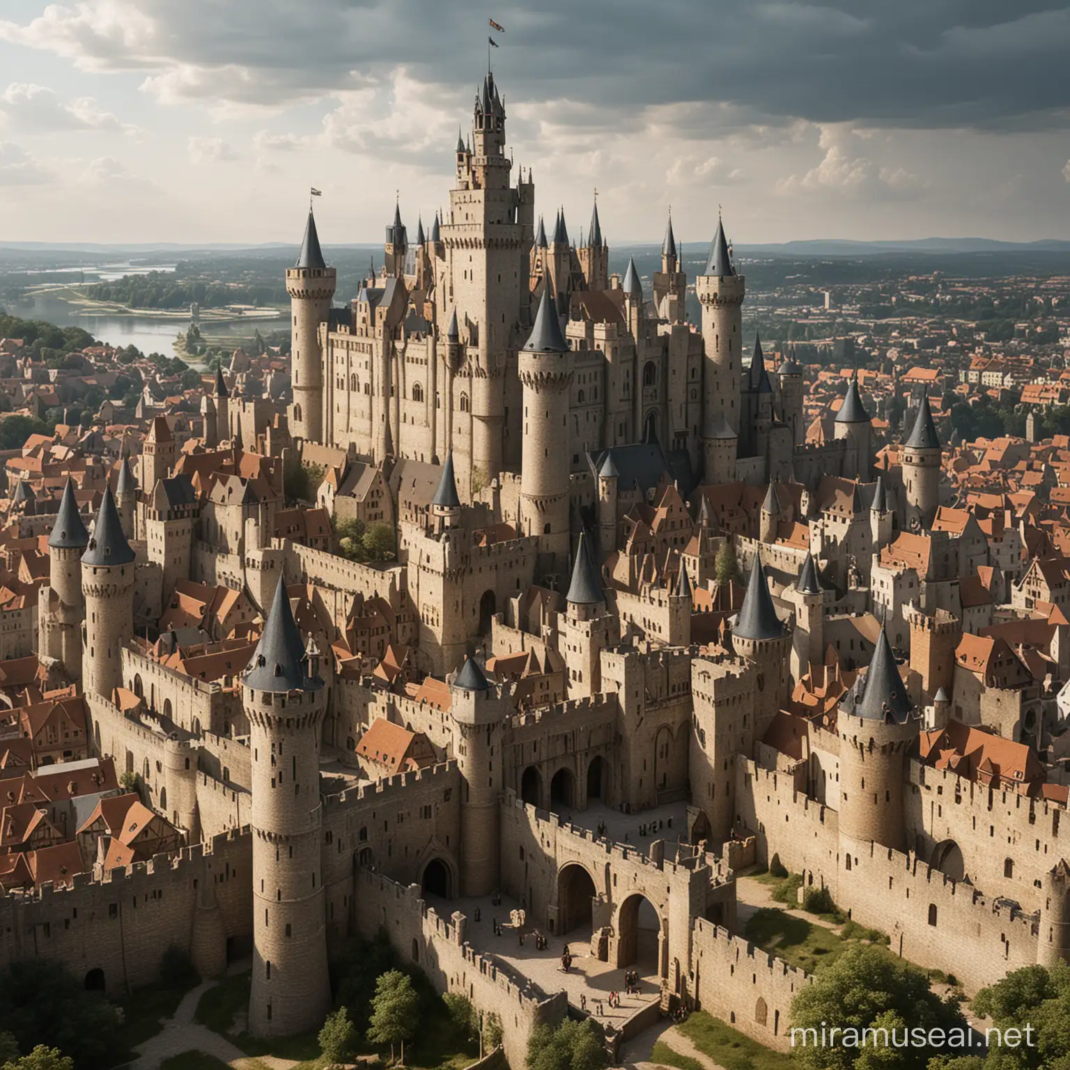 Inside a large medieval city there is a tall castle 
