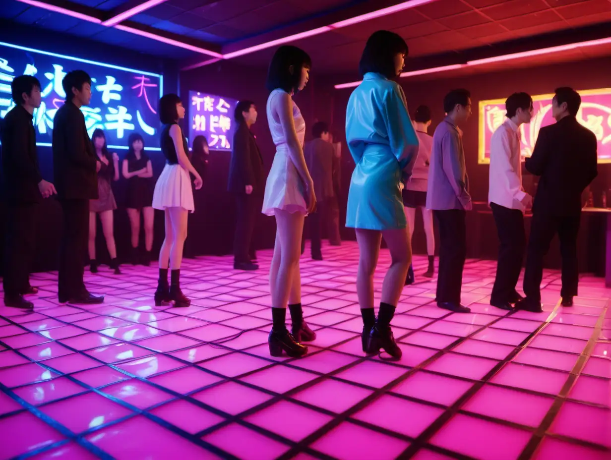 2017, movie still, side view, japanese neon club, talking, dance floor 