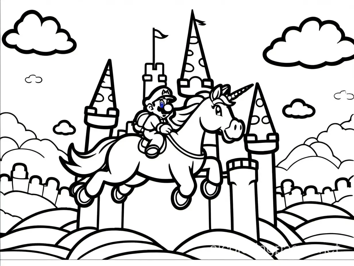 Super Mario riding unicorn castle background, Coloring Page, black and white, line art, white background, Simplicity, Ample White Space. The background of the coloring page is plain white to make it easy for young children to color within the lines. The outlines of all the subjects are easy to distinguish, making it simple for kids to color without too much difficulty