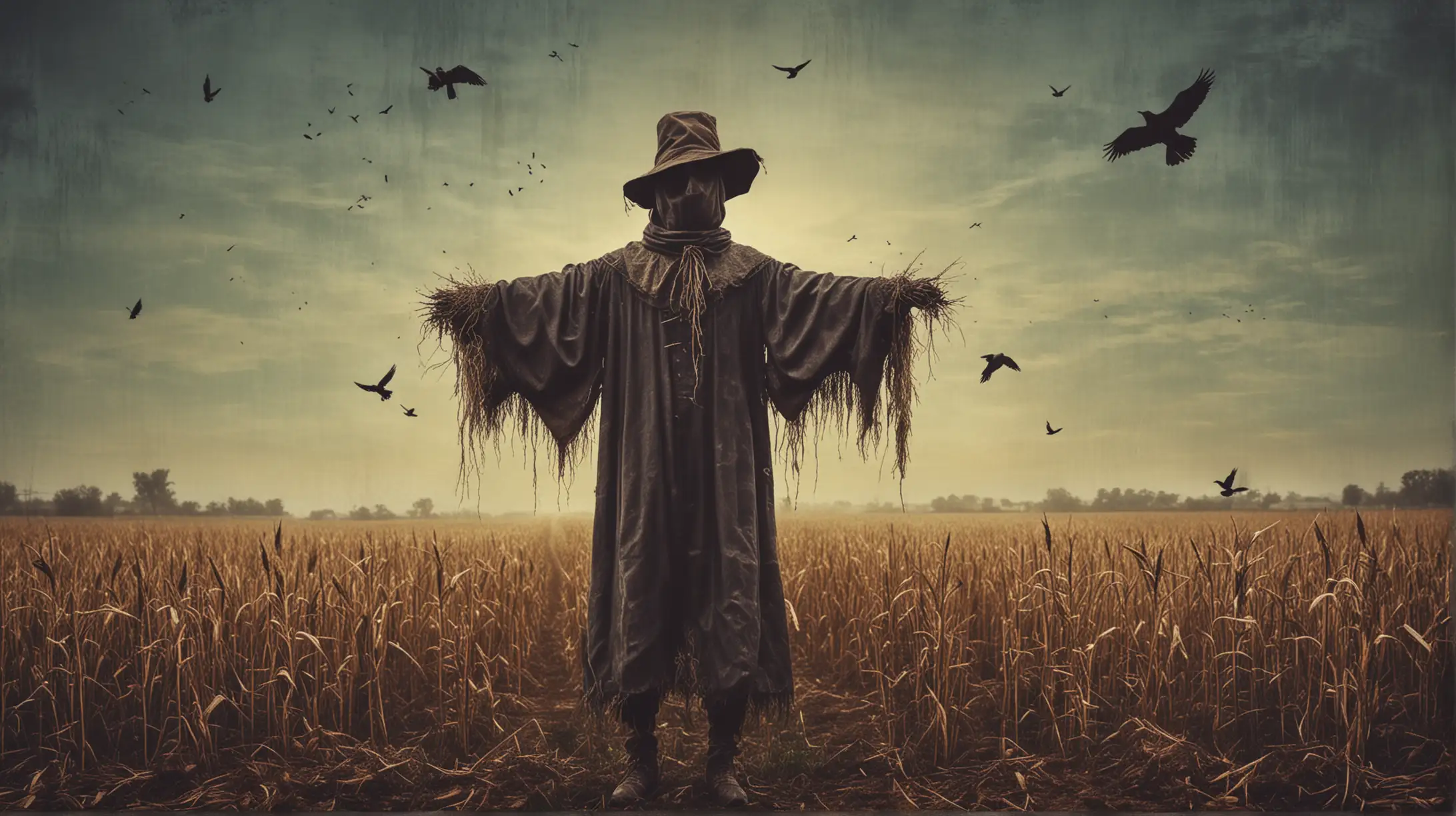 scarecrow no face in a field in the evening with two birds flying grunge
