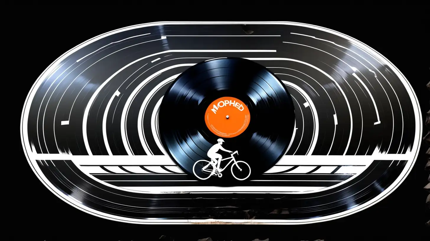 Cycling Track Transformed from Vinyl Record on Black Background