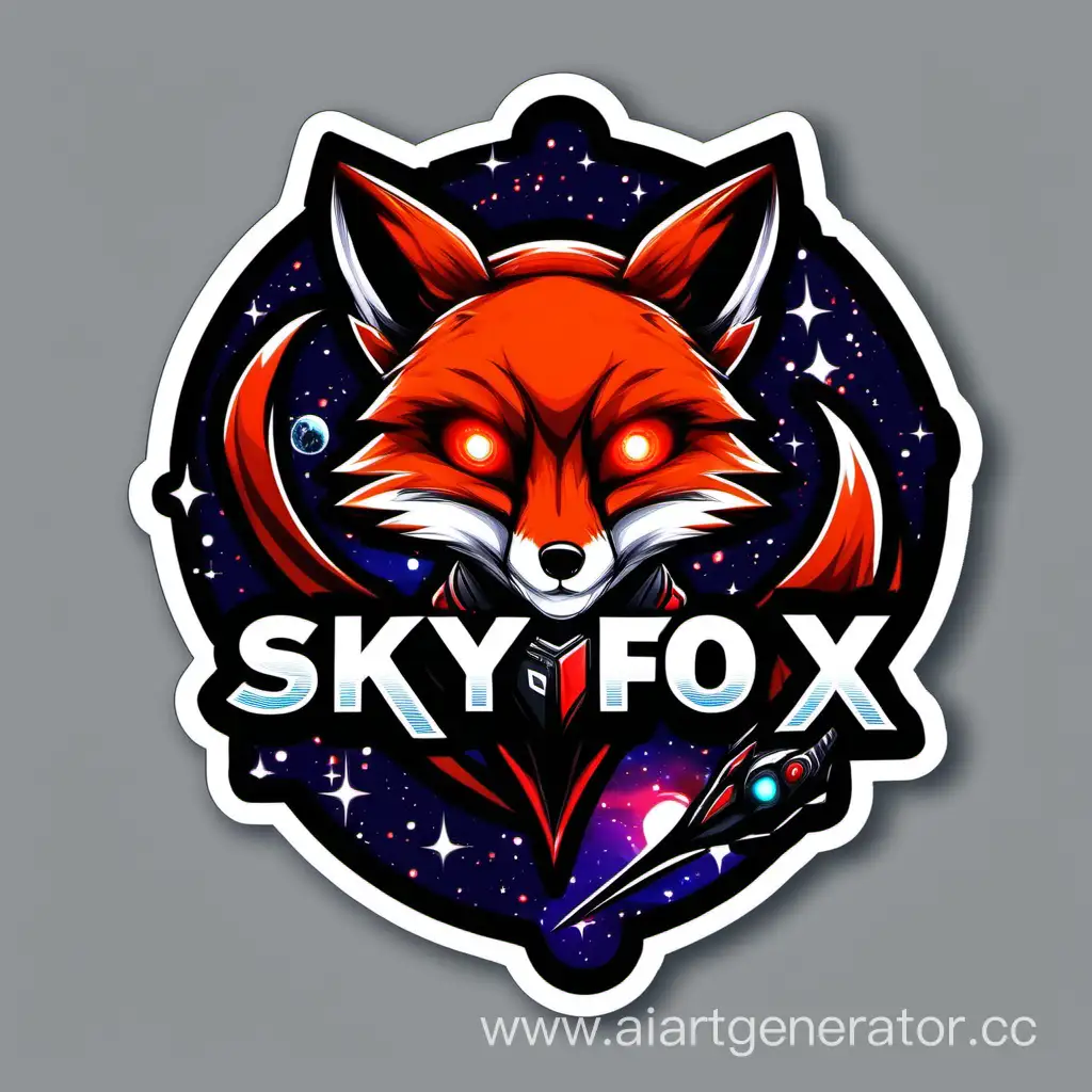 Черный0 лис геймер с красными глазами в космосе стикер снизу надпись "SkyFox"