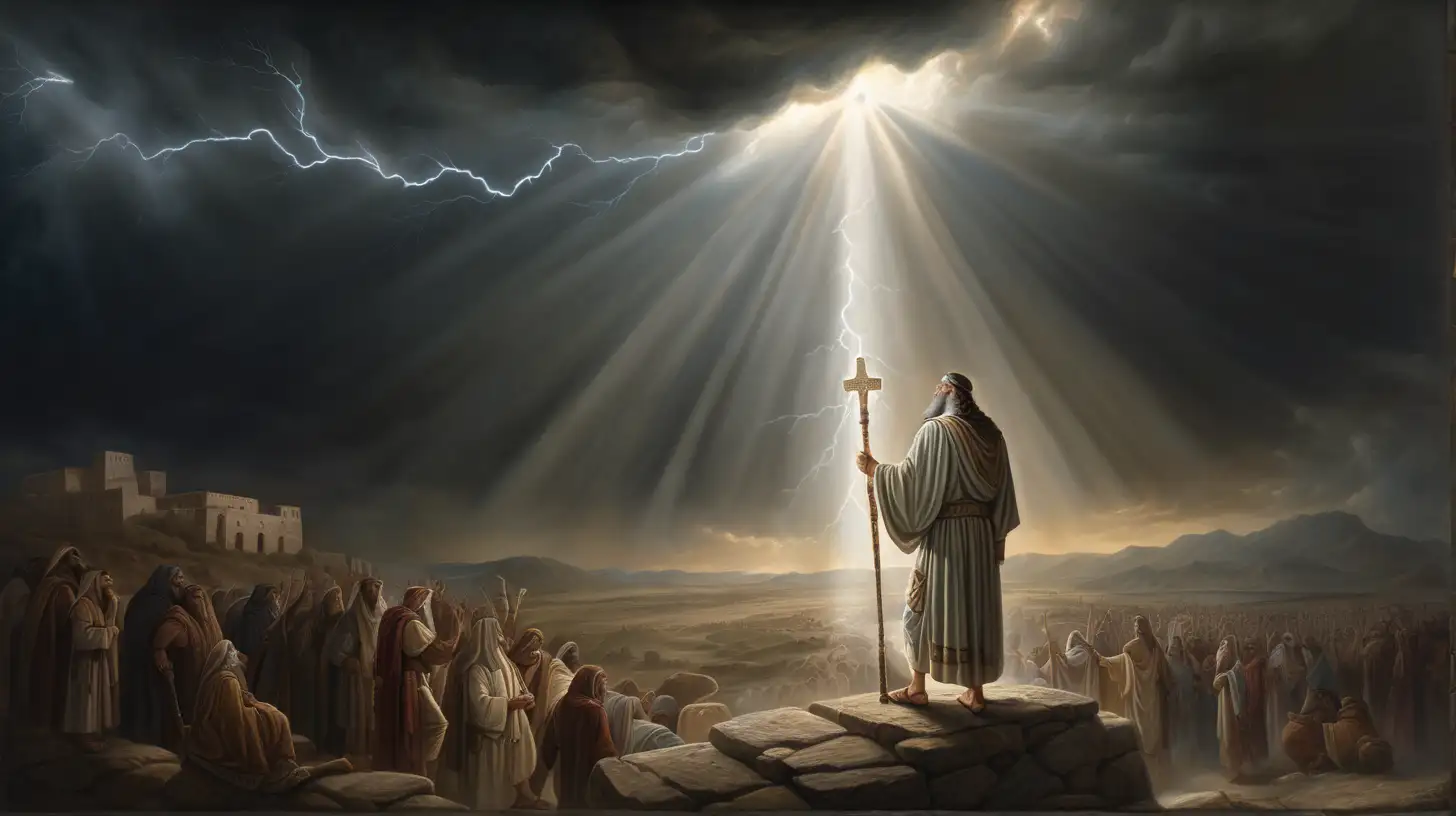 "Visualize a powerful scene from ancient biblical history, capturing a moment where the prophet Elisha, an influential figure known for his miracles and his dedication to the will of God, stands at the forefront. This image should be a close-up of Elisha, his eyes reflecting wisdom and determination. The background is enveloped in darkness, symbolizing the challenges and the times of uncertainty faced by the people. Above him, divine light breaks through the clouds, signifying hope and divine intervention, with subtle hints of thunder in the distance, indicating the power and the presence of God.