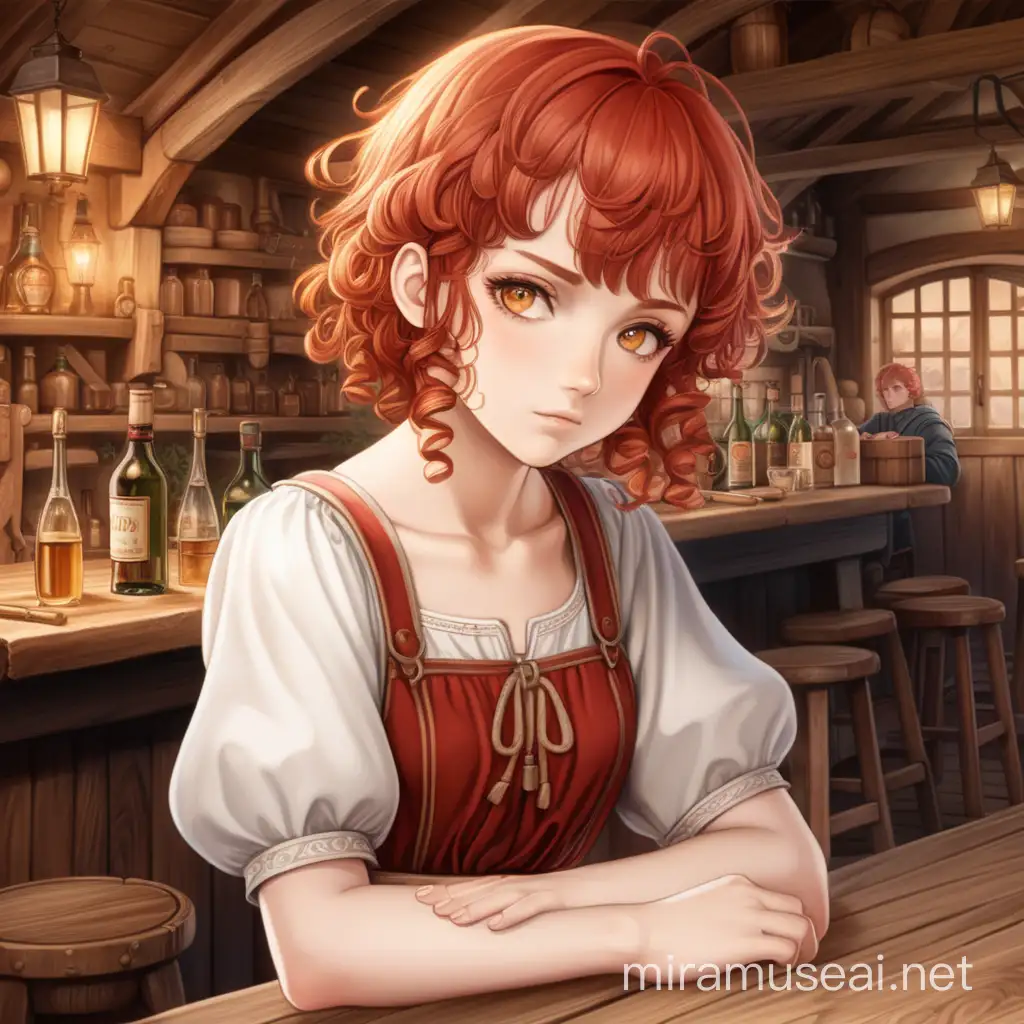 Fantasy Manga Drawing Attractive Peasant Girl with Curly Red Hair in Simple Dress at SadLooking Tavern