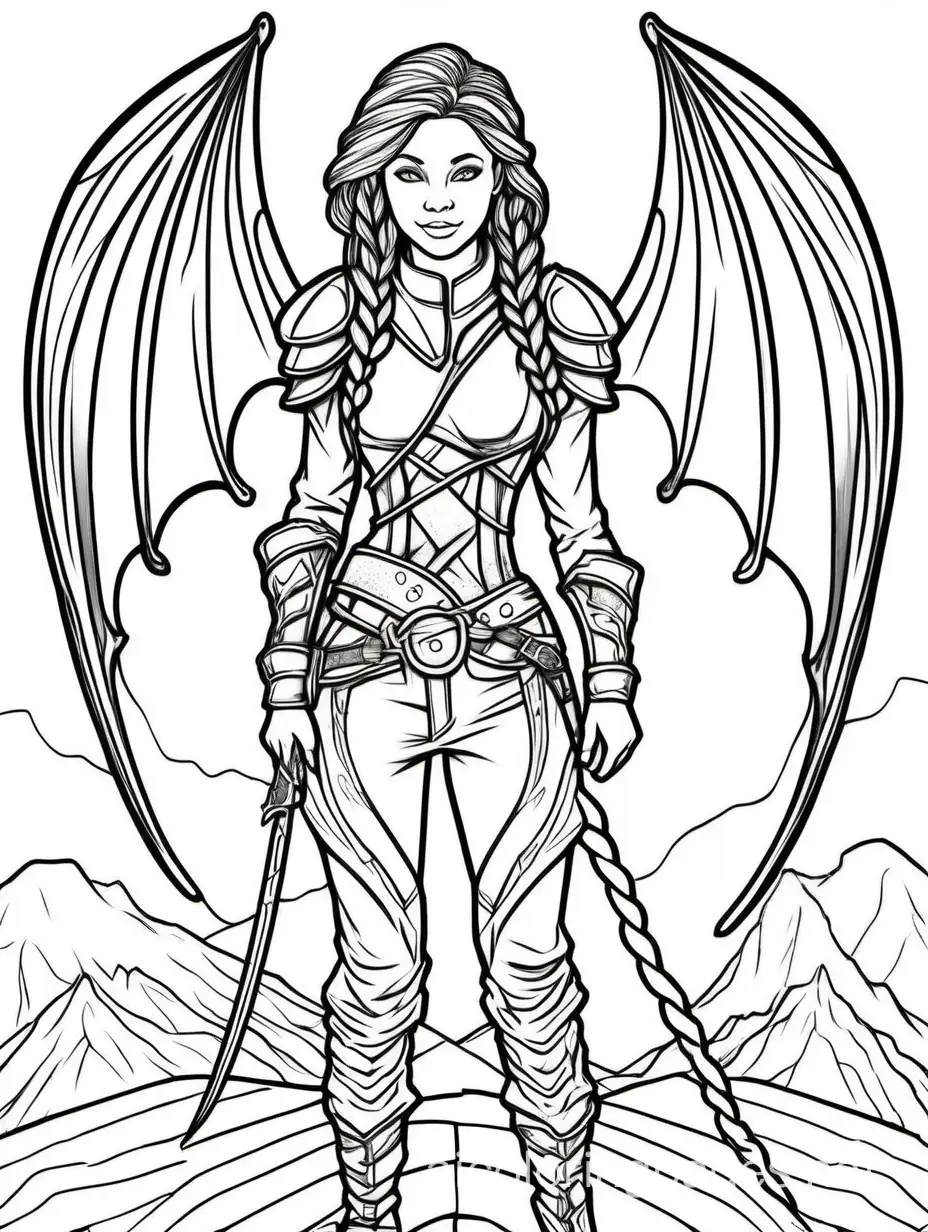 A warrior girl with braided hair she has a dragon scale corset over a long sleeve tight shirt leather trouser pants standing looking lovingly with her full body dragon who is standing tall beside her strong and majestic full framed, Coloring Page, black and white, line art, white background, Simplicity, Ample White Space. The background of the coloring page is plain white to make it easy for young children to color within the lines. The outlines of all the subjects are easy to distinguish, making it simple for kids to color without too much difficulty, Coloring Page, black and white, line art, white background, Simplicity, Ample White Space. The background of the coloring page is plain white to make it easy for young children to color within the lines. The outlines of all the subjects are easy to distinguish, making it simple for kids to color without too much difficulty