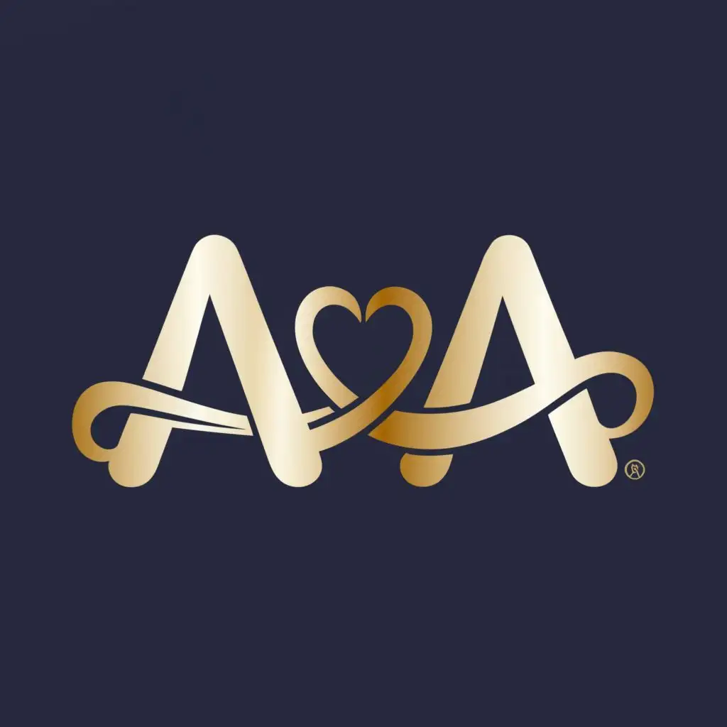 logo, heandwritten italic letters, the heart between both letters connecting them creating infinity, letters in gold color on navy blue background with the text "AA", typography