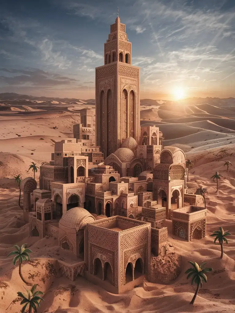 a sky tower sand-sculpted metropolis in stunning 3D as a living desert-inspired masterpiece. Highlight intricate persian-inspired details with a vast colpex backdrop, palm trees swaying in the breeze, and a breathtaking sunset in the distance, creating a mesmerizing and enchanting three-dimensional masterpiece.