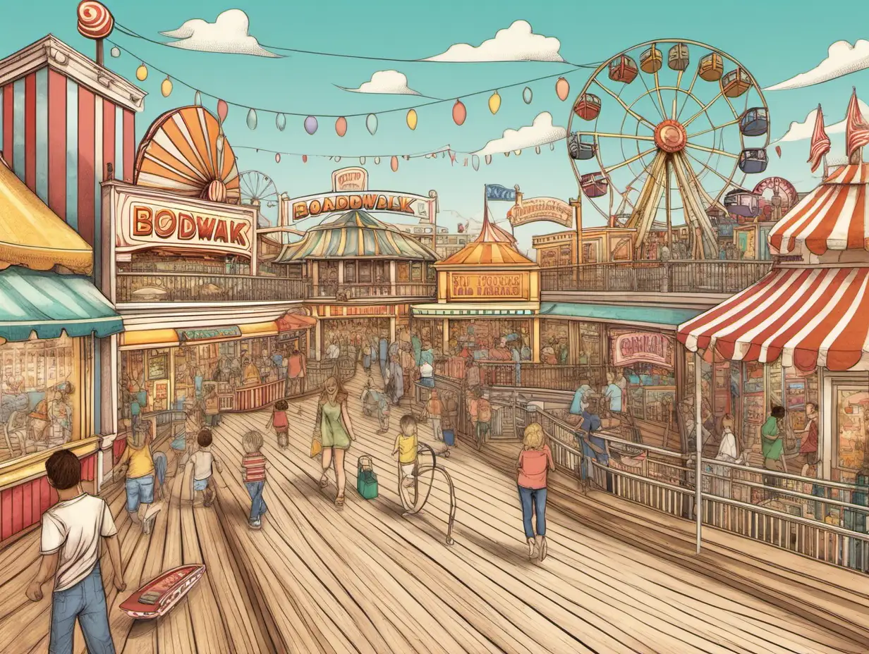 illustration of a boardwalk with shops, rides, games