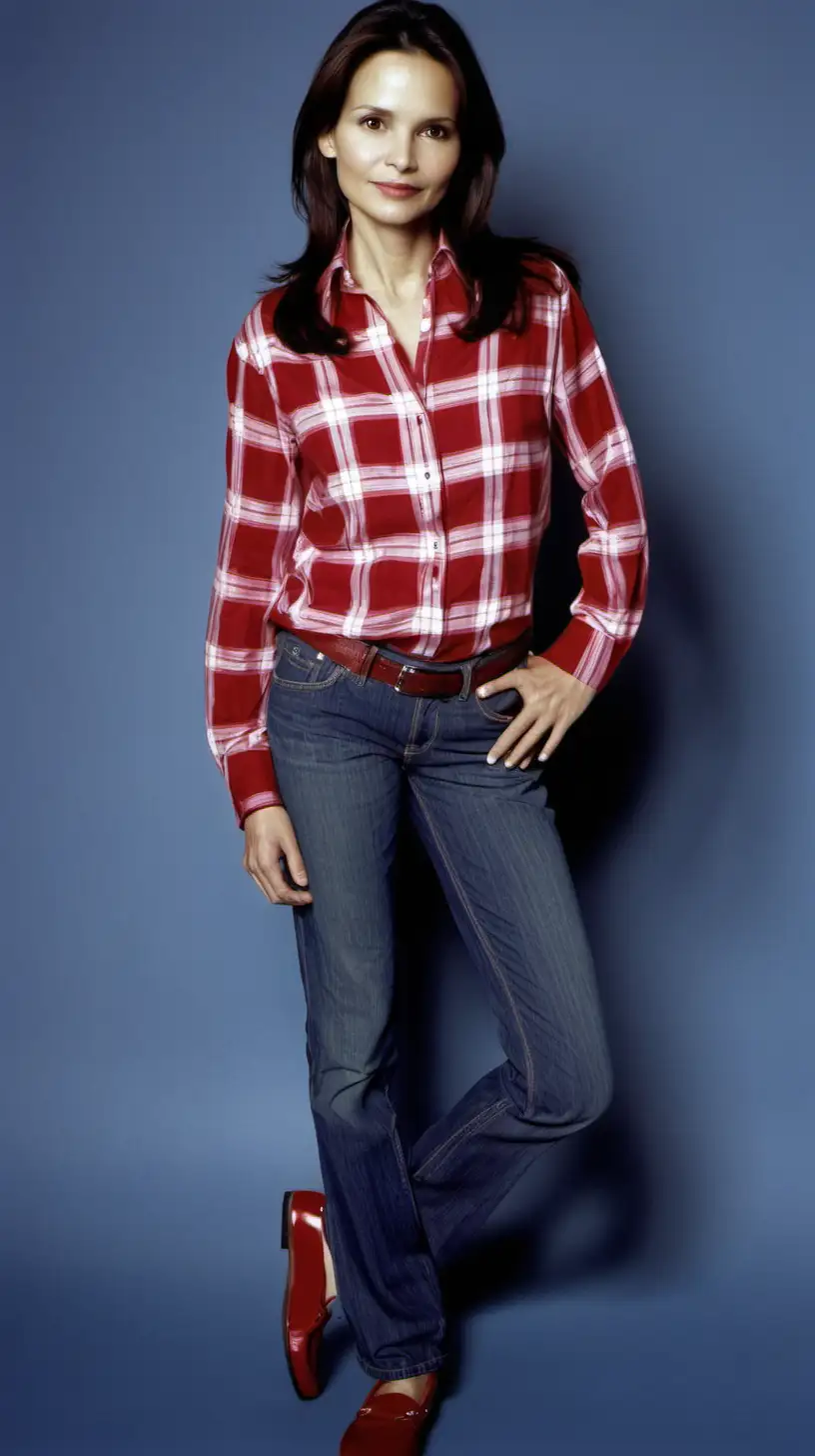 Young adult Virgine Ledoyen, visage mince, mid length dark brown hair, long sleeved white plaid small bands red polyester shirt blouse jeans pants moccasins 