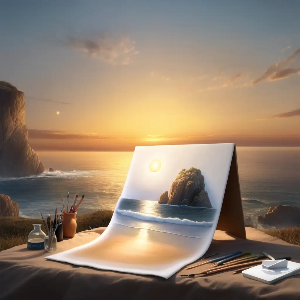 create a realistic image of A sunrise at the edge of the world, illuminating a blank canvas, ready to be painted