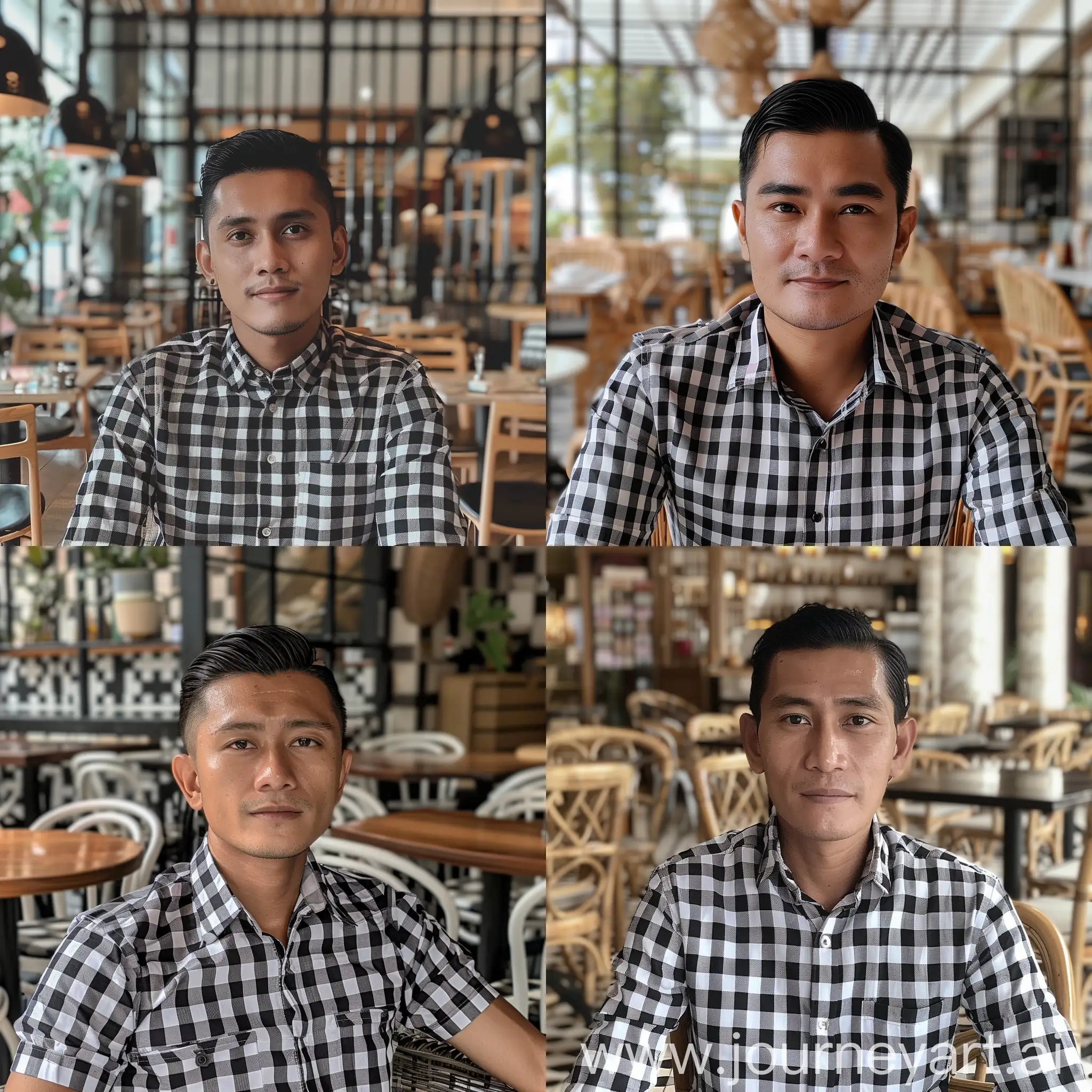 Description of an Indonesian man, 35 years old, with a clean face, neatly parted hair, sitting in a café wearing a black and white checkered shirt, with a background of neatly arranged café chairs and tables, a realistic and clear HD picture. 