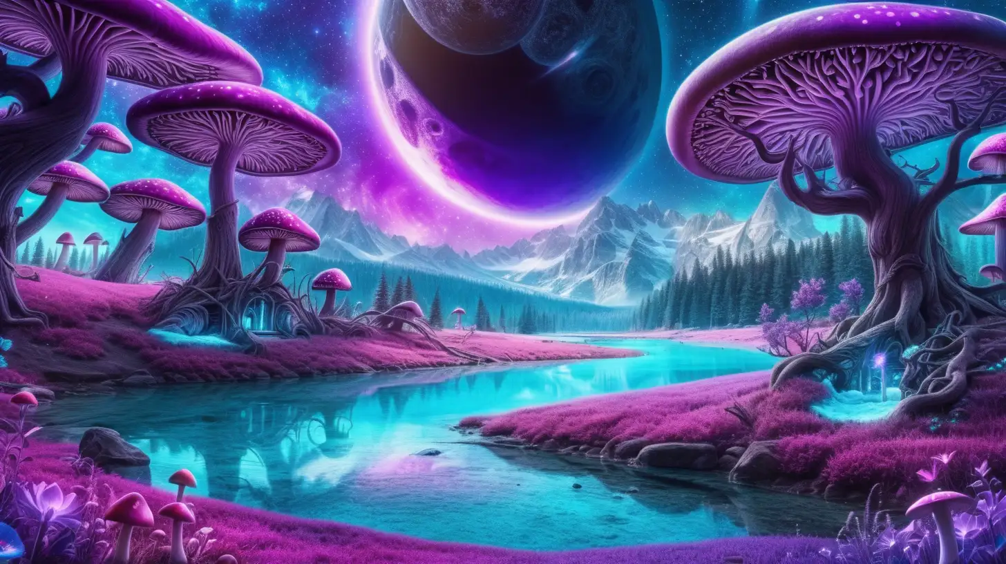 Magnificent Celestial black sun-Solar eclipse in sky with Forest of Bright royal-purple and blue big, flower trees, purple, pink surrounded in turquoise dust. Bright-blue-river. 8k, fairytale luminescent mushrooms. Magical, fantasy and potions and florescent ice and bookshelf