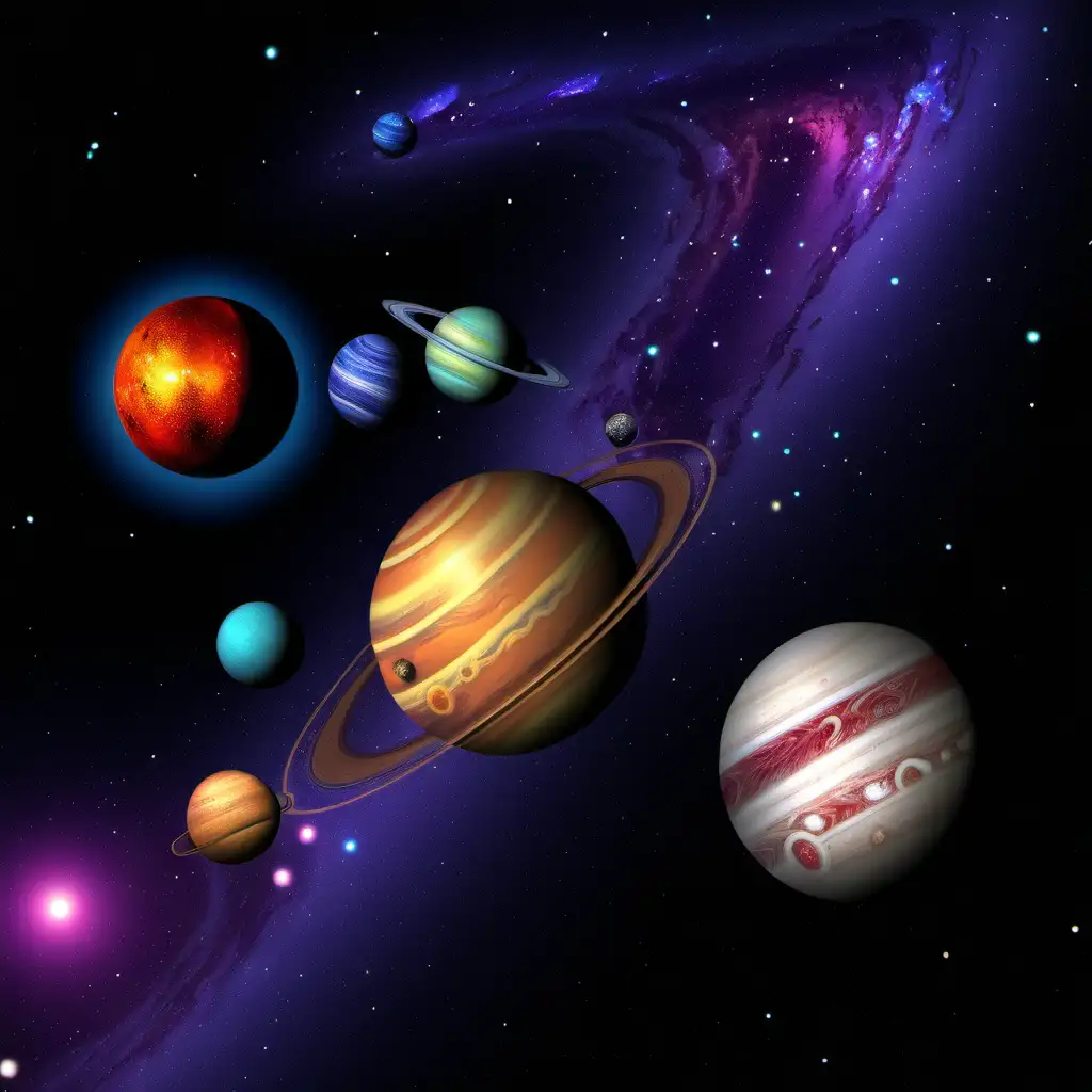 Colorful Galaxy with Orbiting Planets