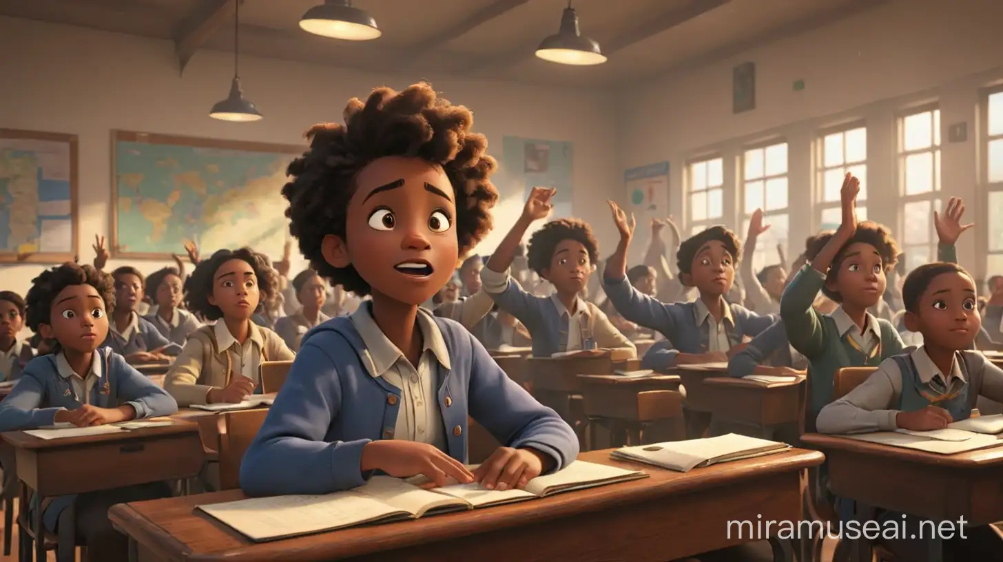 Create an image of an African-American junior high school history classroom, where students sitting at their desks are raising one of their hands to answer the question. Illumination, Disney-Pixar style illustration, 3D animation, 4k