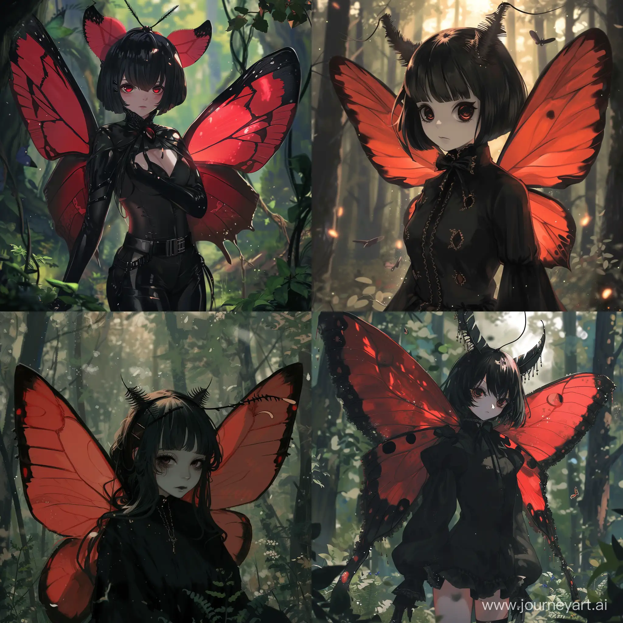Girl moth with red wings and black hair and black eyes in forest black clothes in anime style