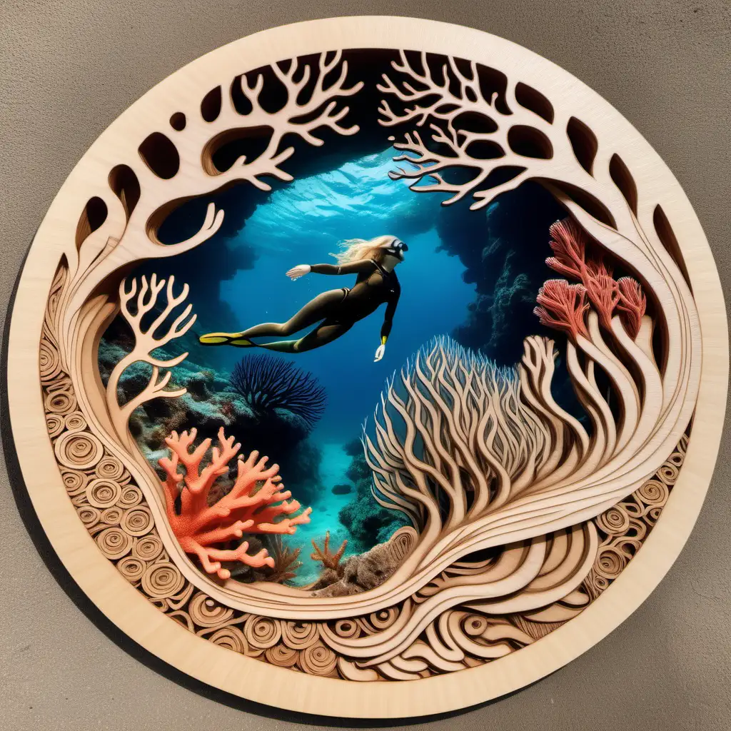 Detailed Multilayered cut wood designs, diver with long flowing blonde hair and her hand stretched out towards a nudibranch with coral inbackground, mandala
