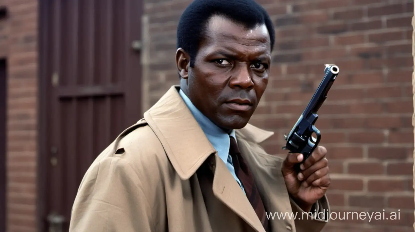 seasoned Motswana detective similar to Sidney Poitier, dressed in traditional brown detective trenchcoat, holding a gun, looking straight into camera